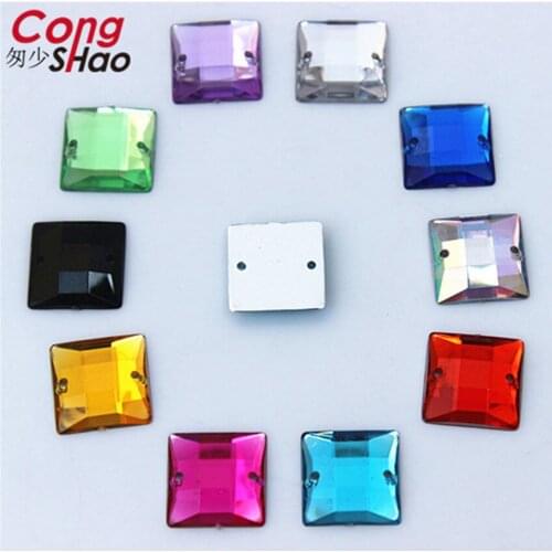 Cong Shao 100pcs 12mm Faceted Square shape Colorful flatback Sew-On Acrylic rhinestone stones and crystals Wedding dress ZZ779
