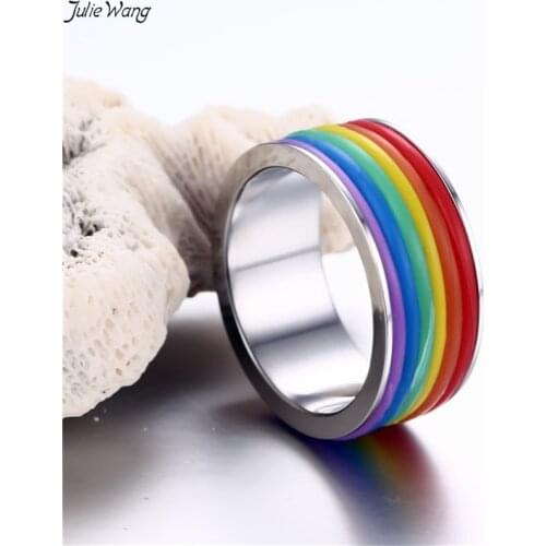 Julie Wang 1PC Rainbow Ring Stainless Steel Men Gay Rings LGBT Statement Jewelry Accessories 6-11US Size Fine Gift