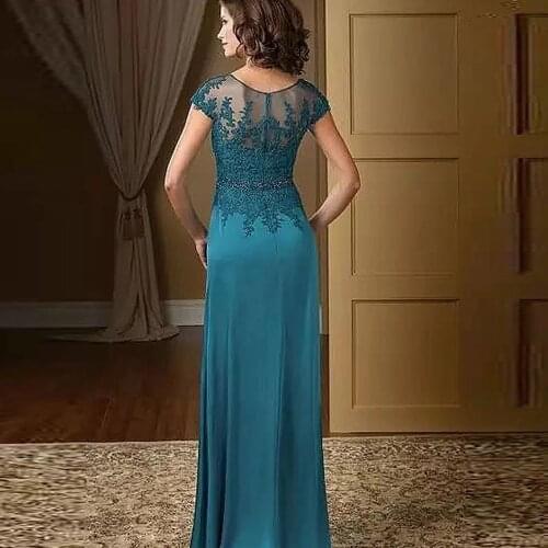 V-Neck Elegant Mother Of The Bride Evening Dresses Cap Sleeves Back Zipper Appliques Lace Mother Wedding Evenning Gowns