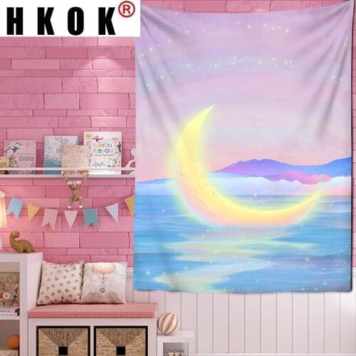 HKOK Pink Clouds Moon Tapestry Wall Hanging Fabric Mural Background Cloth Wall Rugs Towel Beach Fabric Blanket Living Home Decor