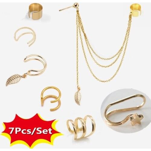 Bohemian Metal Leaf Tassel Ear Cuff Non-Piercing Ear Clips Ethnic Vintage Mixed Cartilage Earrings for Women Small Cuff Clip