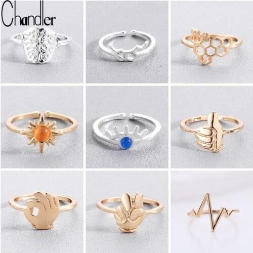 Chandler Simple Small Alloy Zinc Ring For Women Gesture Bee Honeycomb Lightening Heartbeat Chemistry Rings Set Bague Anel Gift