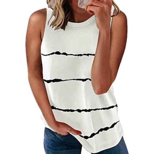 Printed Vest Top Round Neck Casual Loose Shirt Summer New Women Loose Tank Tops Stripe Printed Sleeveless Tops Summer Round