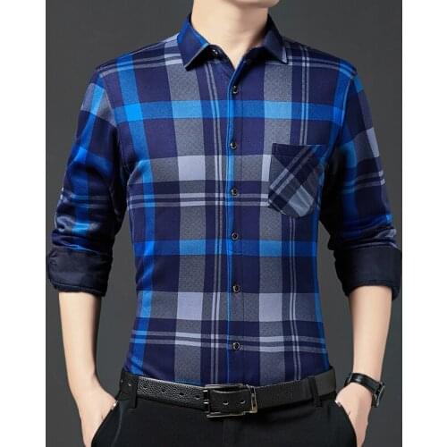 High-End Brand New MenS Long-Sleeved Warm Shirt Winter Plus Velvet Thick Striped Plaid Business Casual Shirt Classic Slim Top