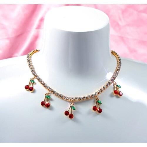 Flatfoosie Trendy New Rhinestone Cherry Pendant Necklaces for Women Luxury Crystal Collar Tennis Chain Necklaces Jewelry Gift