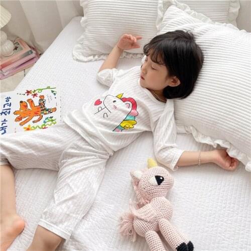 Girls Pajamas Summer Breathable O Neck Cartoon Shirt Pants Pure Color 2pcs Sets Kids Pyjamas for 1-6years old