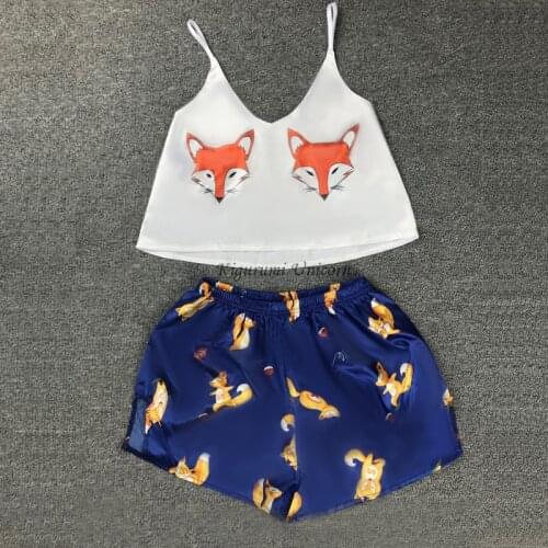Fox Unicorn Pajamas for Woman Silk Sexy Pijamas Girls Sleepwear Satin Home Suit Summer Pyjama Femme V Neck Nightwear