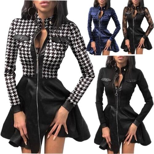 2020 New Pu Womens Dress Thousand Bird Check Print Dtitching Zipper Pocket Pu Dress For Women