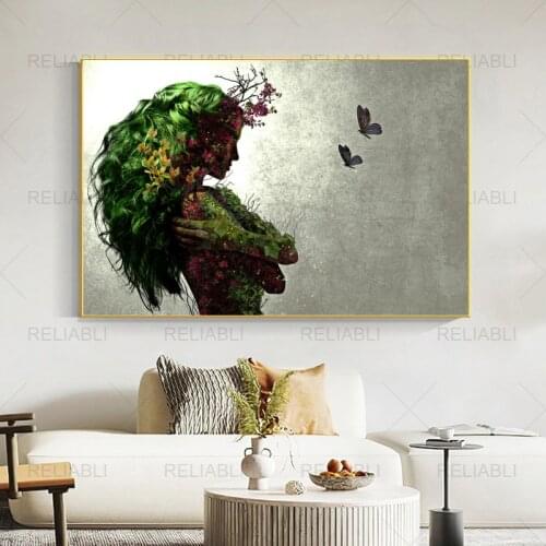 Portrait Posters and Prints Sexy Girl With Butterfly Flower Feathers Canvas Painting Wall Pictures For Living Room Home Decor