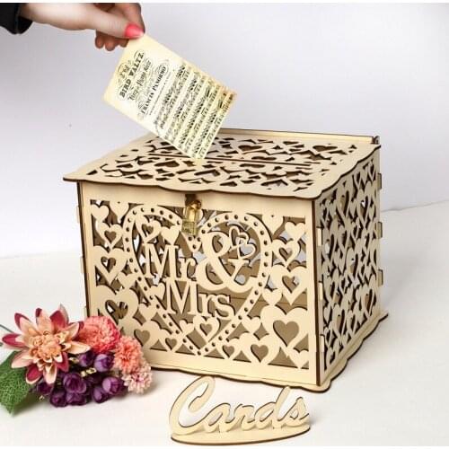 Retro Wedding Decoration Mr & Mrs Hollow Wooden Card Money Box Case With Lock DIY Wood Craft Birthday Party Favor Decor Supplies