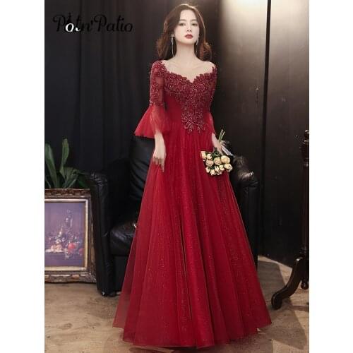 Wine Red Evening Dresses For Wedding 2021 Elegant O-neck A-line Floor-length Tulle Long Sleeve Prom Gowns With Appliques