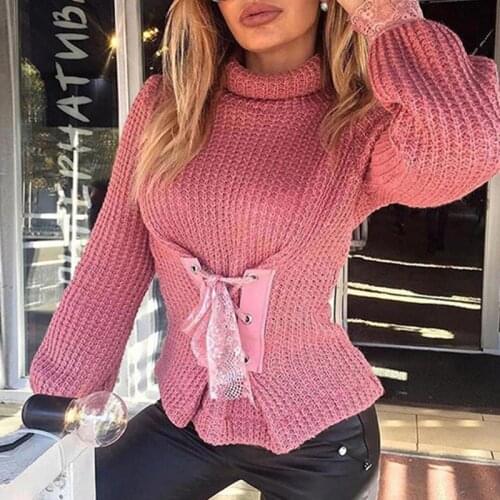Knitted Fall Winter Womens Sweater Bandage Waist Turtlenck Lantern Sleeve Fashion Pullovers Tops Street Style Jumper Sweaters