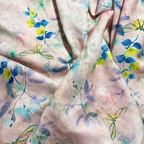 High quality new natural ramie fabric Beautiful Blue Leaf and yellow flower printing tissu Skirt lining dress shirt tissu