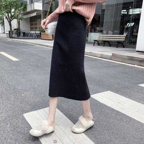 Mid-long Knitted Half-length Skirt Womens High Waist Elastic Waist A-line Skirt One-step Skirt Autumn Winter Open-forked Skirt
