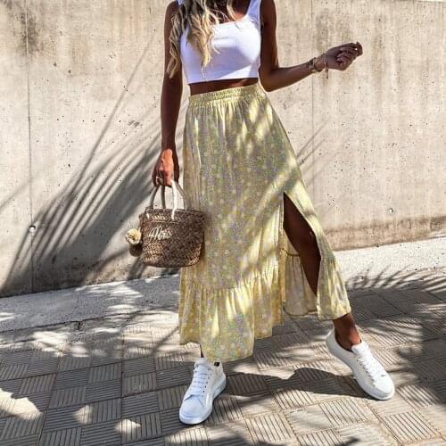 Summer Floral Skirt Women Elastic Waist Split Ruffle Beach Casual A-Line Skirt Boho Elegant Party Vacation Print Long Skirt