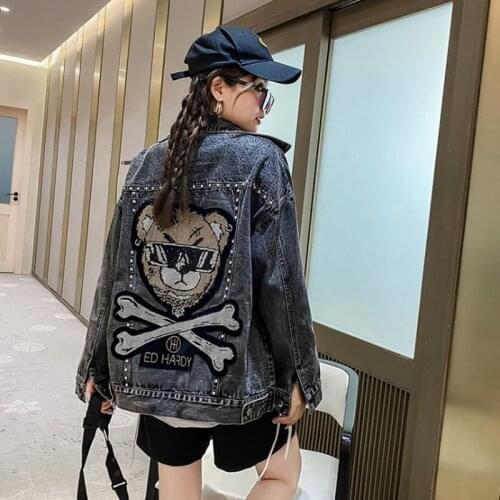 Women fashion Beaded Diamond Denim Jacket Womens New Loose Ripped Long Sleeve Jacket Top Trend Y779