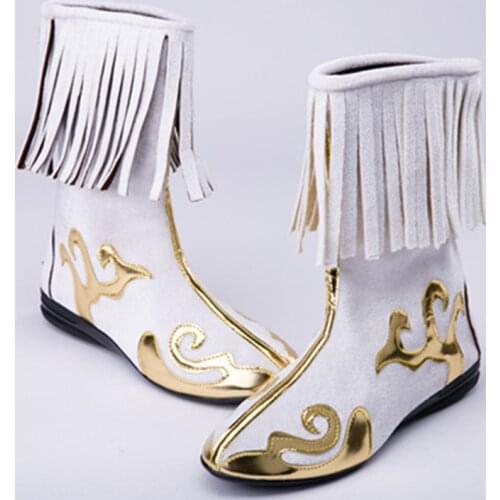 3 colors boots with tassels chinese national dance boots mongolia shoes sun wukong cosplay Tibetan nationality dancer shoes