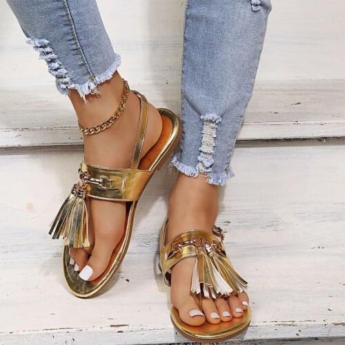 2021 Women Rome Tassel Thong Sandals Woman Metal Chain Buckle Flat Female Casual Summer Shoes Ladies Beach Footwear Plus Size