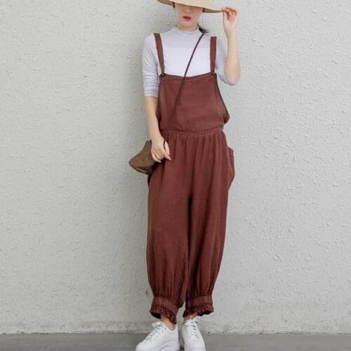 Johnature New Vintage Women Linen Jumpsuits 2021 Autumn Solid Color Casual Sleeveless Pockets Ankle-lenght Female Bodysuits