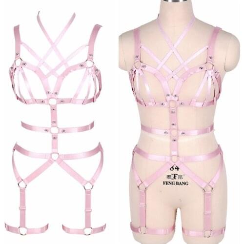Fashion Strap Harness Woman Full Body Pink Top Belt Plus Size Elastic Waist Garter Punk Night Clubs Rave Wear Bra Hollow Out