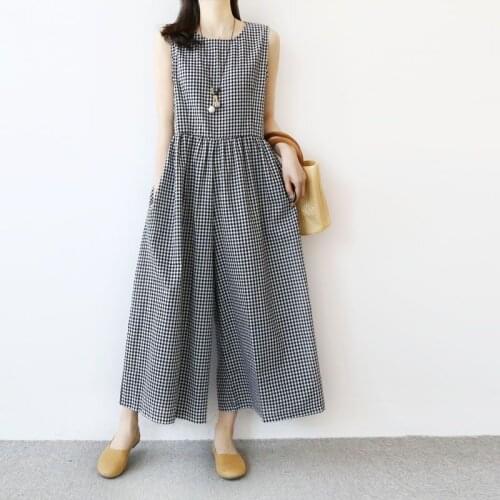 Women 2021 Summer Fashion Elegant Playsuit Female Vintage Plaid Wide Leg Pants Rompers Ladies Sleeveless Casual Jumpsuits S178