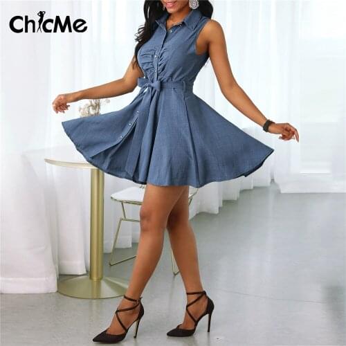 Chicme Summer Women Mini Sleeveless V-Neck Tie Waist Shirt Dress Fold Button Desigh Sexy Casual Elegant Vestidos Robe Daily