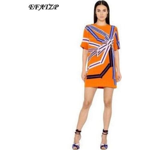 New 2017 summer Designer Luxury Womens Short sleeve Fashion Orange Geometric Print Plus Size XXL Stretch Jersey Silk Dress