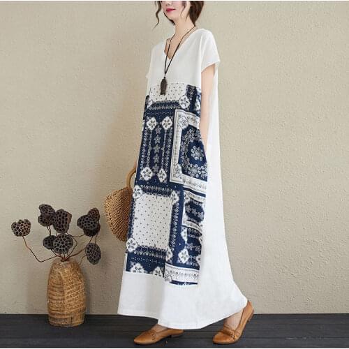 Fat Sister Spring And Summer 2021 New Loose Print Large Womens Dress Covering Belly Showing Thin V-Neck Short Sleeve Vestido