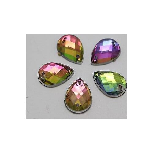 100 Rainbow AB Flatback Acrylic Faceted Teardrop Sewing Rhinestone Beads 10X14mm