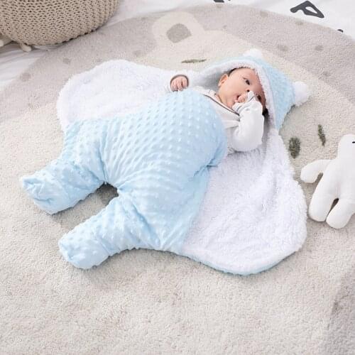 Baby Sleeping Bag Double-layered Newborns Split Legs Wrapped with Beanie Velvet Wrapper Anti-kicking Baby Swaddling Autumn