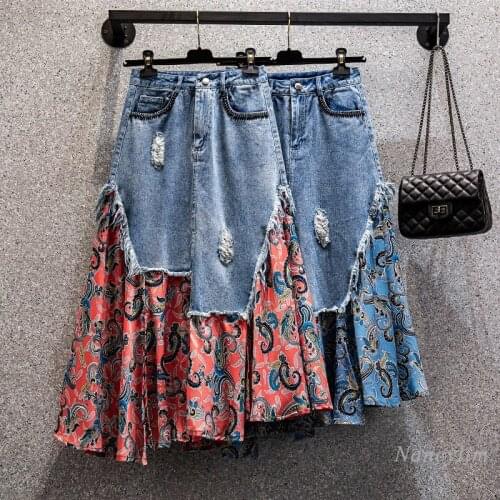 Denim Skirt for Women 2021 New Summer Autumn Floral Chiffon Patch Irregular High Waist Mid-Length Jean Skirts Femme