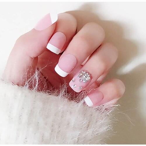 24PCS Girls DIY Pink Color Artificial NailS Lady Rhinestones Nail Art Tips with Glue Women Short Size French Finished Fake Nails