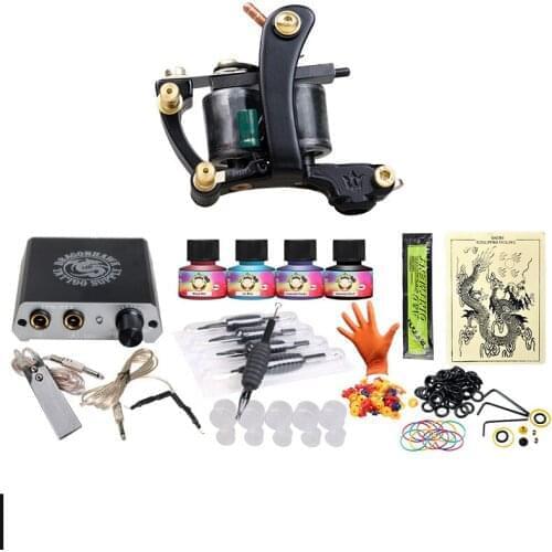 Complete Tattoo Kits 1 Gun Tattoo Machine Power Supply 4 Color Ink Sets Disposable Needle Grip Tips