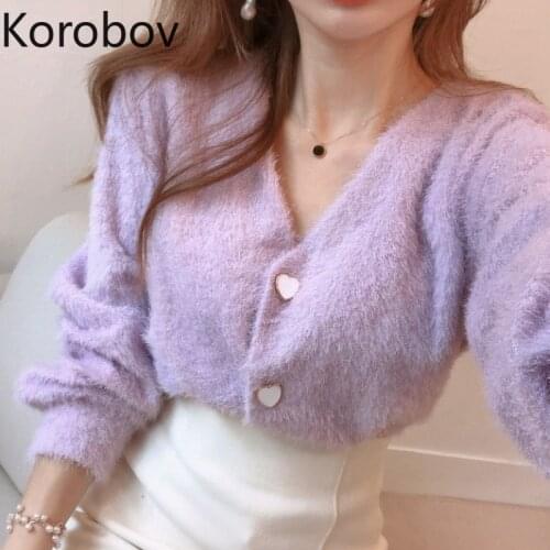 Korobov 2021 Autumn Winter Streetwear Crop Sweater Cardigans Korean Chic Sweet Japanese Cardigan Women V Neck Sueter Mujer