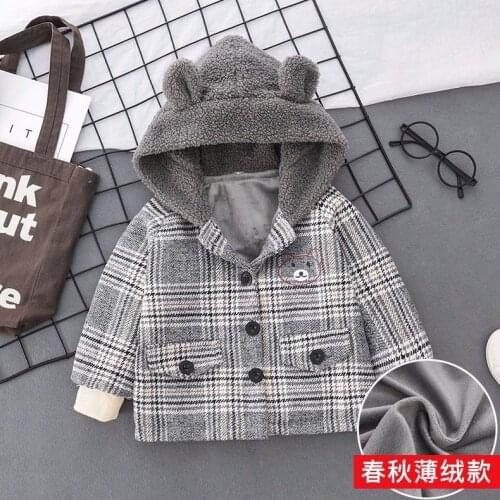 Baby Boys coat 0-5 years old spring and autumn jacket padded jacket childrens Plaid hood jacket Cartoon embroidered bear
