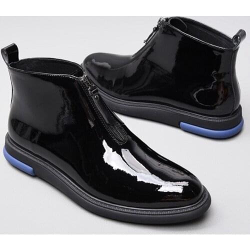 Men Formal Patent Leather Ankle Boots Fashion High Quality Zipper Pointed Toe Boots Hombre Casual Platform High Top Shoes