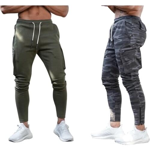 2Pcs Mens Fitness Pants Sports Tapered Sports Pants with Zipper Pockets Running Training Pants,ArmyGreen & Camouflage L