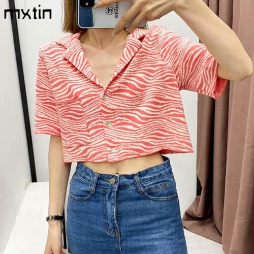 MXTIN 2021 Women Summer Vintage Animal Print Jacquard Cropped Blouses Fashion Short Sleeve Female Shirts Blusas Chic Tops