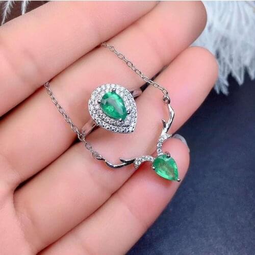 Real Natural Emerald jewelry set Natural Real Emerald 925 sterling silver 1pc pendant,1pc ring