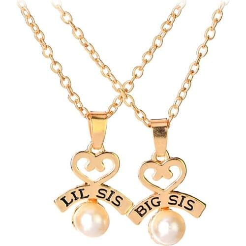 Cute Cartoon Hollow Imitation Pearl Pendant Letter LIL BIG Sisters Best SISTER BFF Necklace For Women Jewelry