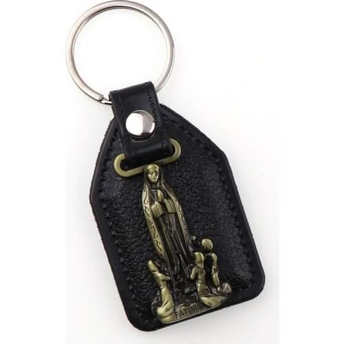 PU Leather KeyChains Jacinta Fatima Charms pendants for Men Black Tag Antique Bronze Plated Hook Key Holder Car Key Holder