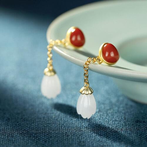 S925 Sterling Silver Natural Hetian Jade Southern Red Agate Personality Magnolia Earring Pendant for Ladies Ornament