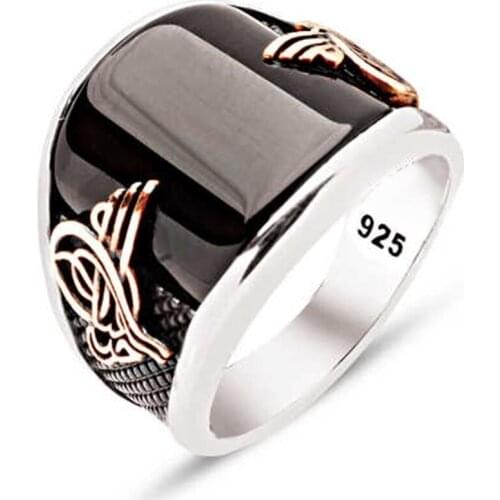 Silver Custom Cut Onix Stone Ottoman Tuğralı Male Ring