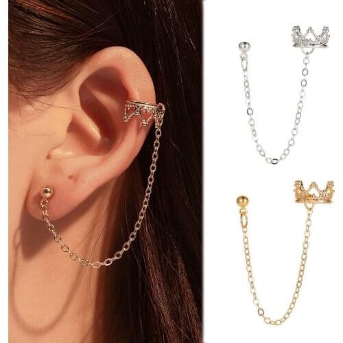 Crown U-shaped ear clips hollow earrings for women chain Girls long earrings piercing Ear cuffs clip on earrings