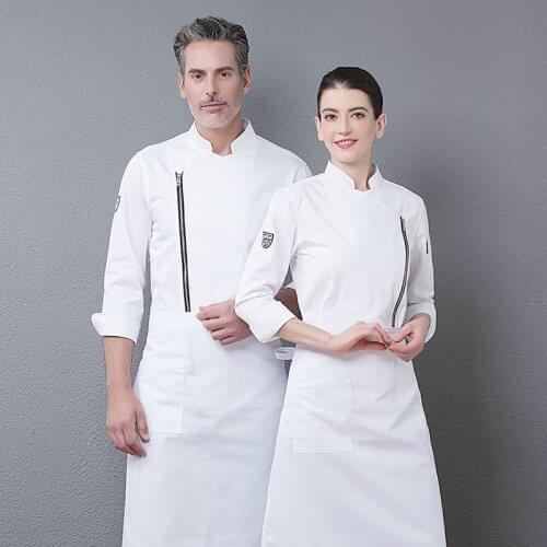 WELIVENICE New 2019 High Quality Chef Uniforms Zipper Food Services Cooking Clothes Horseshoe Sleeve Black White