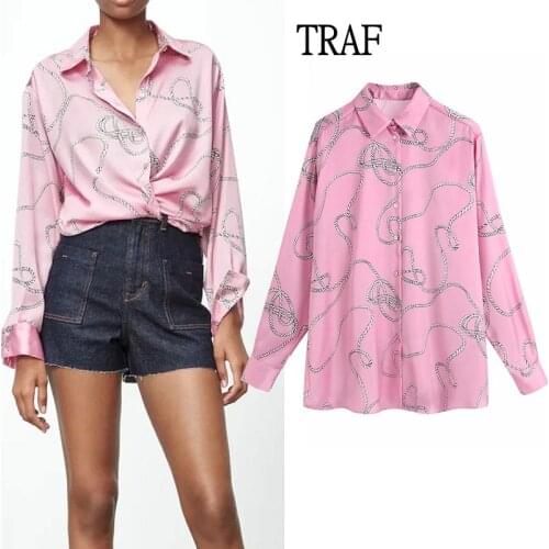 TRAF Za 2021 Print Satin Pink Shirt Women Long Sleeve Top Summer Shirts Female Chic Button Blue Loose Vintage Top Women Cloting