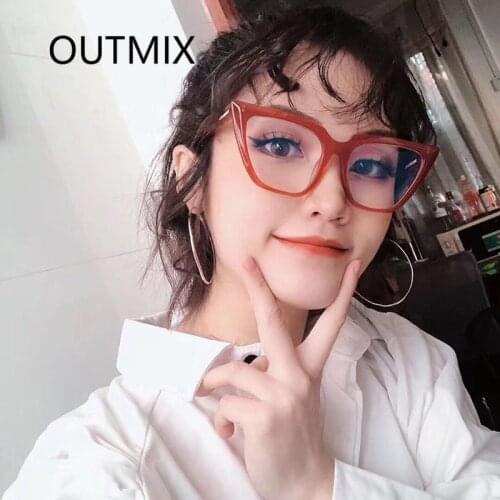 OUTMIX Retro Cat Eyes Plain Glasses Women 2021 Fashion Personalized Big Frame Transparent Lens Eyeglasses Female Anti-blue light