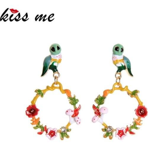 Kissme Spring Multicolor Enamel Cute Owl Garland Drop Earrings For Women Delicate Crystal Flower Earrings 2020 Fashion Jewelry