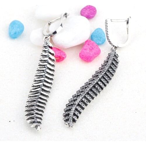 Exquisite 925 Sterling Silver Drop Earrings Feather with Clear Cubic Zirconia Stones For Women Fashion Jewelry