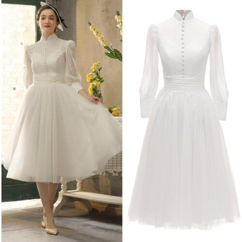 Audrey Hepburn High Neck Long Sleeve Lady Chiffon Evening Dresses 100% Real Sample Photo Factory